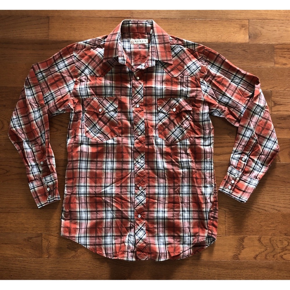 Roper Western Pearl Snap Button Up Shirt Burnt Orange Plaid Men's Medium